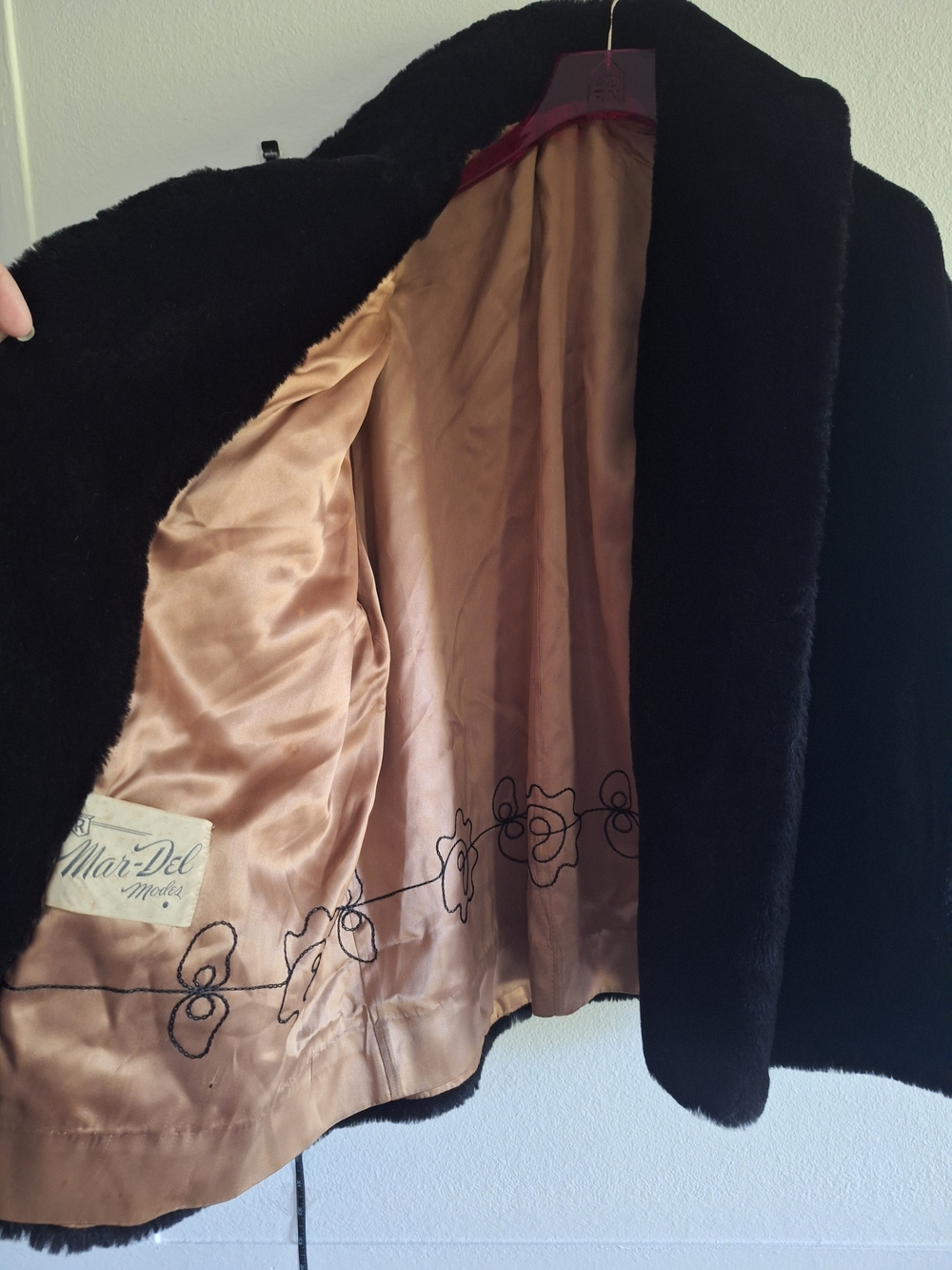 1950s Black Faux Fur Teddy Jacket with Blush Satin Lining